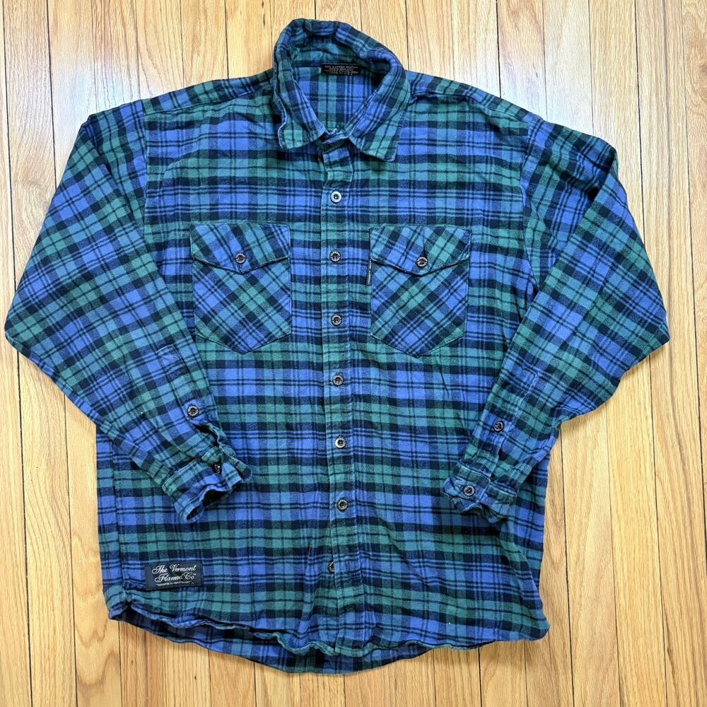 The Vermont Flannel Co Shirt Mens Large Blue Green Plaid Flannel Button Up USA